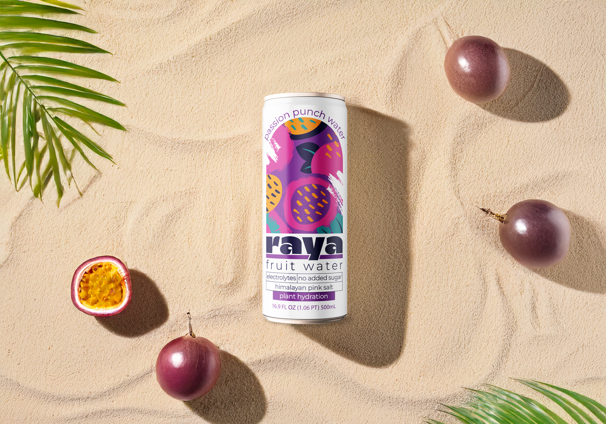Raya passion punch water can on a beach