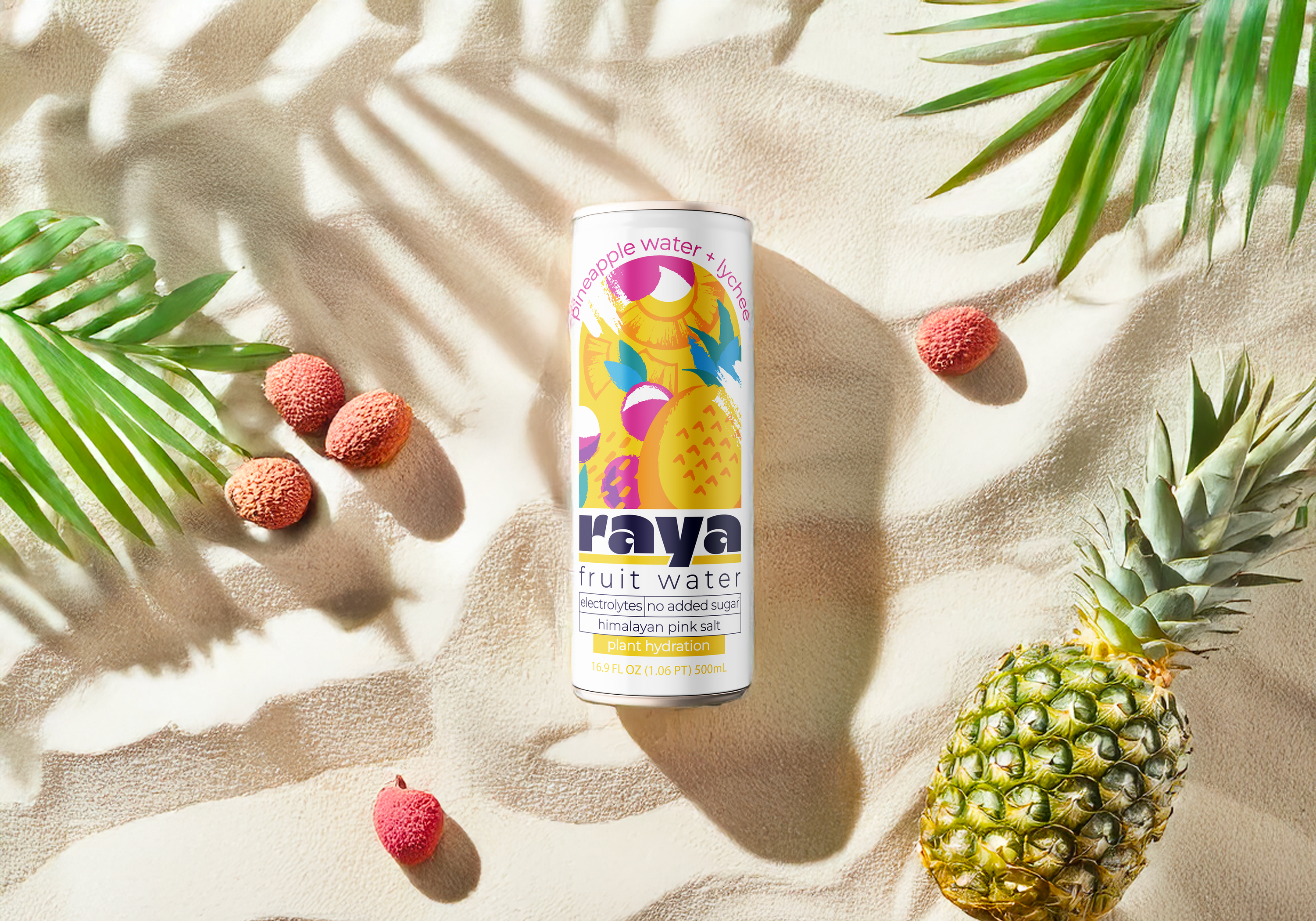 Raya Pineapple + Lychee fruit water can on tropical beach
